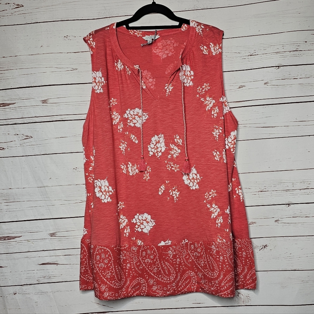 Lucky Brand Coral Floral Sleeveless Tassel Tunic